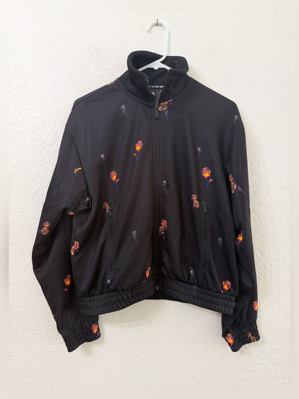 adidas Black Bomber Track Jacket with Orange-Pink Rose Print - XS